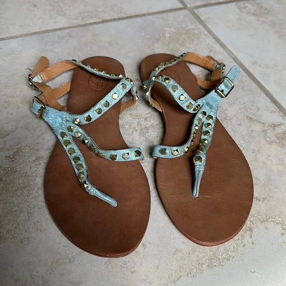 Ash Shoes Ash Peace Gold Studded Metallic Blue Leather Strappy